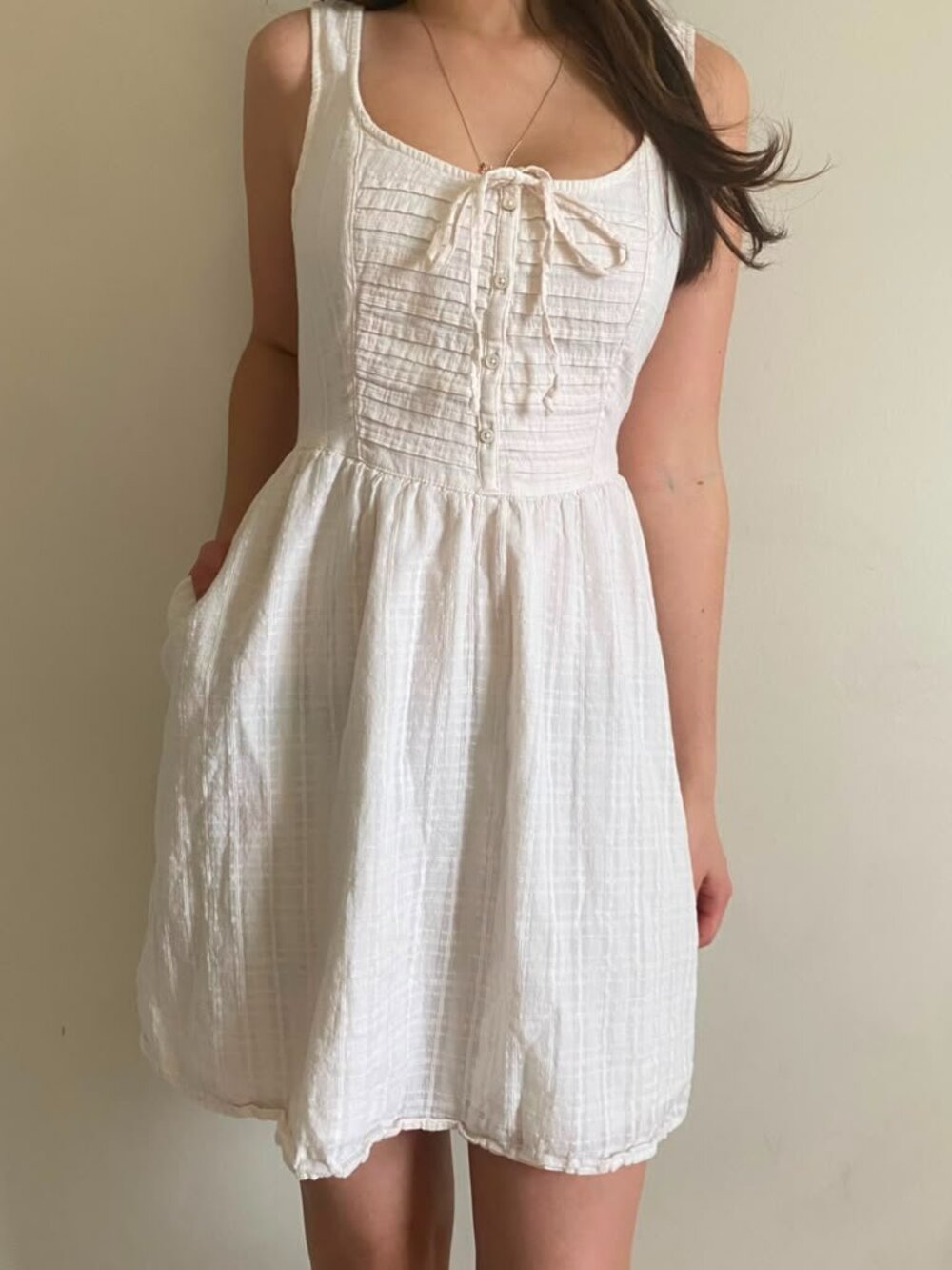 American Eagle Cream Crinkle Cotton Cottagecore Romantic Dress Size M Pockets